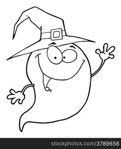 Outlined Happy Halloween Ghost Flying