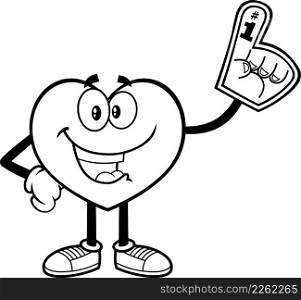 Outlined Happy Heart Cartoon Character Showing A Number One Foam Finger. Vector Hand Drawn Illustration Isolated On White Background