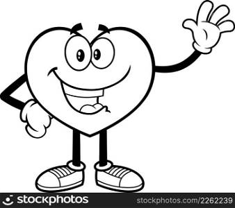 Outlined Happy Heart Cartoon Character Waving For Greeting. Vector Hand Drawn Illustration Isolated On White Background