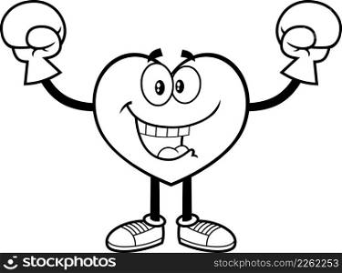 Outlined Happy Heart Cartoon Character Wearing Boxing Gloves. Vector Hand Drawn Illustration Isolated On White Background