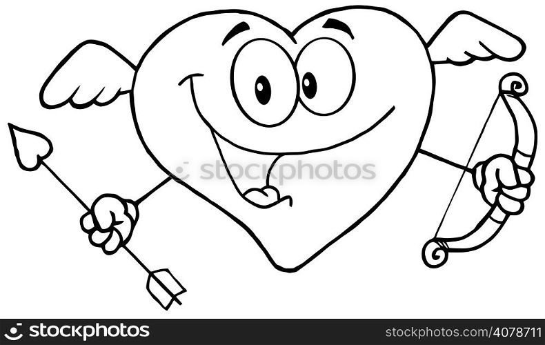 Outlined Happy Heart Cupid With A Bow And Arrow