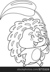 Outlined Happy Hedgehog Cartoon Character Running Holds A Plant Leaf. Vector Hand Drawn Illustration Isolated On Transparent Background
