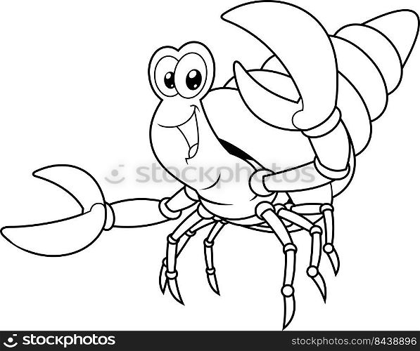 Outlined Happy Hermit Crab Cartoon Character In A Shell Waving For Greeting. Vector Hand Drawn Illustration Isolated On White Background