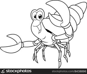 Outlined Happy Hermit Crab Cartoon Character In A Shell Waving For Greeting. Vector Hand Drawn Illustration Isolated On White Background