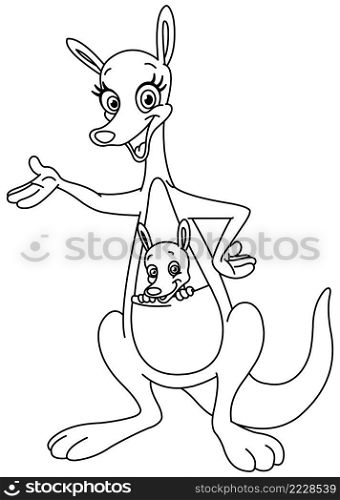 Outlined happy mother kangaroo with a joey. Vector line art illustration coloring page.