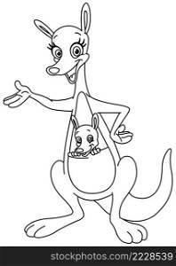 Outlined happy mother kangaroo with a joey. Vector line art illustration coloring page.