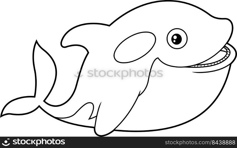 Outlined Happy Orca Or Killer Whale Cartoon Character Is Swimming. Vector Hand Drawn Illustration Isolated On White Background