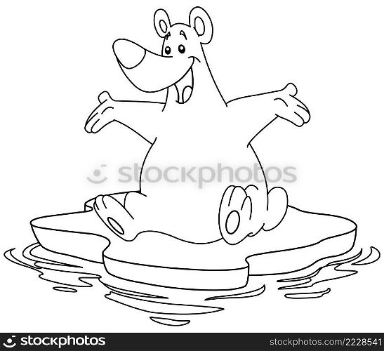 Outlined happy polar bear sitting on an ice floe iceberg. Vector line art illustration coloring page.