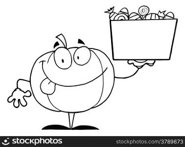 Outlined Happy Pumpkin Character Holding Up A Tub Of Candy