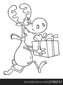Outlined Happy Reindeer Runs With Bag