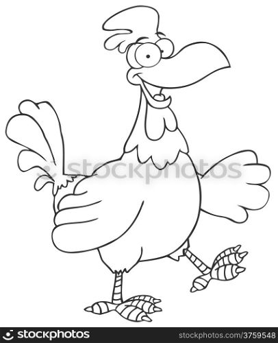 Outlined Happy Rooster Walking And Waving