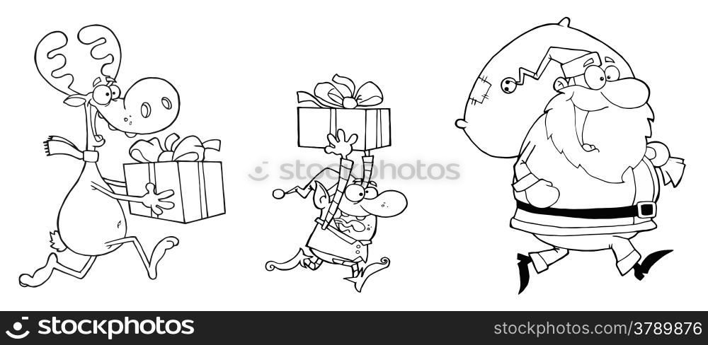 Outlined Happy Santa Claus,Elf and Reindeer Runs With Gifts