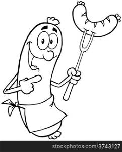 Outlined Happy Sausage Cartoon Mascot Character With Sausage On Fork