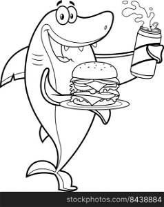 Outlined Happy Shark Cartoon Character Showing Big Burger And Holding Beer. Vector Hand Drawn Illustration Isolated On White Background
