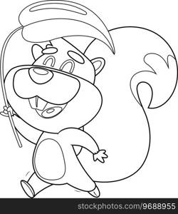 Outlined Happy Squirrel Cartoon Character Running Holds A Plant Leaf. Vector Hand Drawn Illustration Isolated On Transparent Background