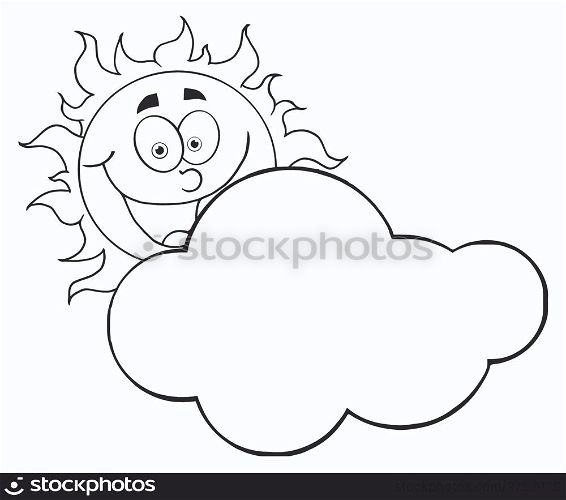 Outlined Happy Sun Hiding Behind Cloud