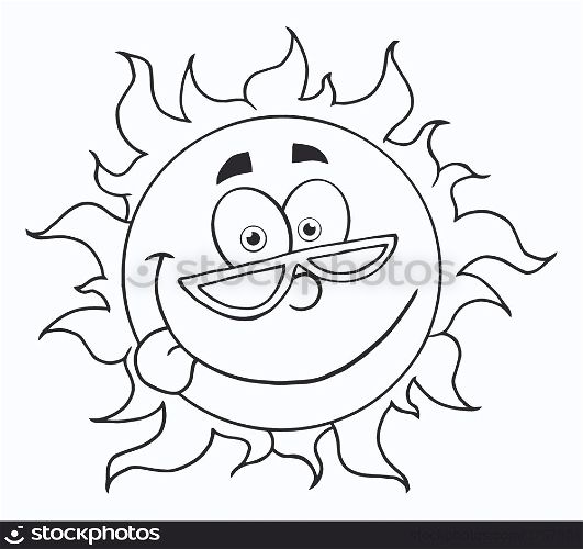 Outlined Happy Sun Mascot Cartoon Character With Shades