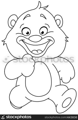 Outlined happy teddy bear running. Vector line art illustration coloring page.