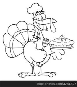 Outlined Happy Turkey Chef With Pumpkin Pie