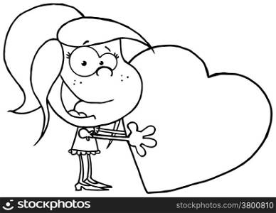 Outlined Happy Young Girl Holds A Red Heart