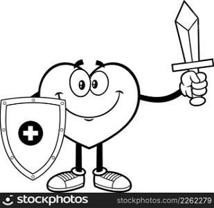 Outlined Healthy Heart Cartoon Character Holding Up A Sword And Shield. Vector Hand Drawn Illustration Isolated On White Background