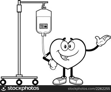 Outlined Heart Cartoon Character Donating Blood. Vector Hand Drawn Illustration Isolated On White Background