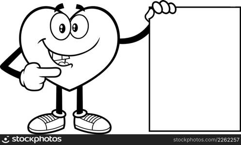 Outlined Heart Cartoon Character Pointing To A Blank Sign. Vector Hand Drawn Illustration Isolated On White Background