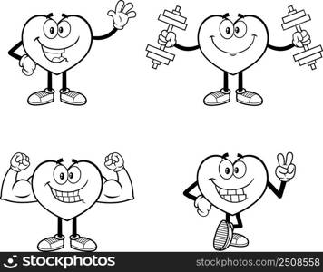 Outlined Heart Cartoon Character Series. Vector Collection Set Isolated On White Background