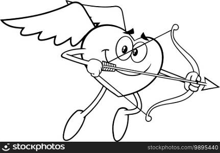 Outlined Heart Cupid Cartoon Character Flying With Bow And Arrow. Vector Illustration Isolated On Transparent Background