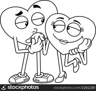 Outlined Hearts Couple Cartoon Characters Flirting. Vector Hand Drawn Illustration Isolated On White Background