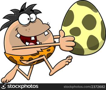 Outlined Hungry Caveman Cartoon Character Running With Big Egg. Vector Hand Drawn Illustration Isolated On White Background
