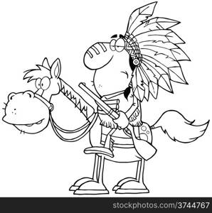 Outlined Indian Chief With Gun On Horse