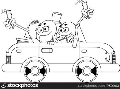 Outlined Just Married Hearts Cartoon Characters In Car. Vector Hand Drawn Illustration Isolated On White Background