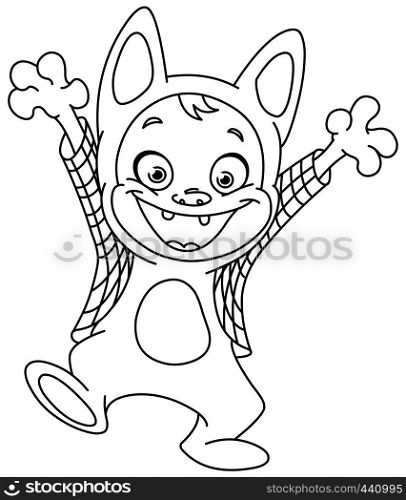 Outlined kid in a werewolf costume celebrating Halloween. Vector line art illustration coloring page.