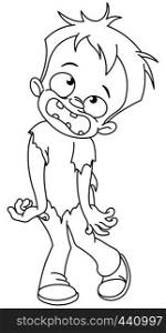 Outlined kid in a zombie costume celebrating Halloween. Vector line art illustration coloring page.