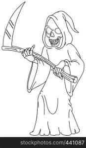 Outlined laughing grim reaper holding a scythe. Vector line art illustration coloring page.