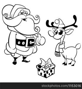 Outlined Laughing Santa Claus, reindeer and gift box. Christmas characters