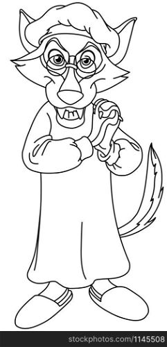 Outlined Little red riding hood wolf in grandma costume. Vector line art illustration coloring page.