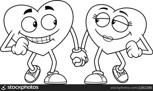 Outlined Love Hearts Couple Cartoon Characters Walk Holding Hands. Vector Hand Drawn Illustration Isolated On White Background