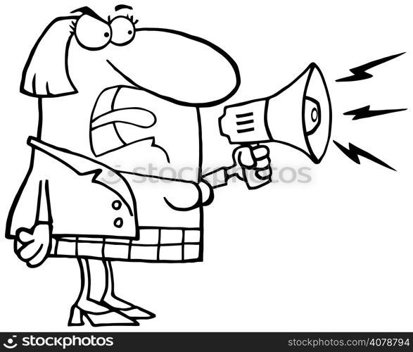 Outlined Mad Business Woman Yelling Through A Megaphone
