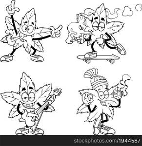 Outlined Marijuana Leaf Cartoon Characters. Vector Hand Drawn Collection Set Isolated On White Background