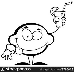 Outlined Mascot Cartoon Lemon Holding A Glass With Lemonade