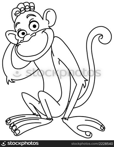 Outlined monkey scratching his head thinking. Vector line art illustration coloring page.
