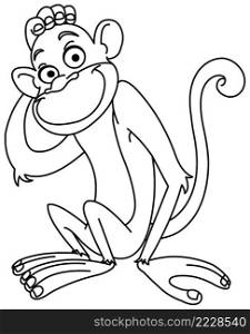 Outlined monkey scratching his head thinking. Vector line art illustration coloring page.