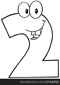 Outlined Number Two Funny Cartoon Mascot Character