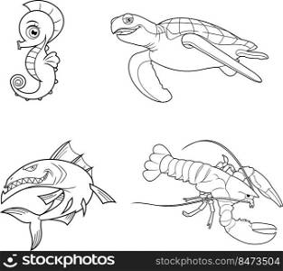 Outlined Ocean Or Sea Animals Cartoon Characters Different Poses. Vector Hand Drawn Collection Set Isolated On White Background