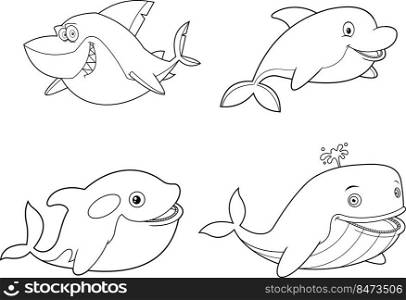 Outlined Ocean Or Sea Animals Cartoon Characters Different Poses. Vector Hand Drawn Collection Set Isolated On White Background