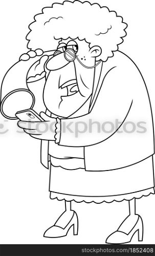 Outlined Old Grandma Cartoon Character Talking On Cell Phone With Hearing Trumpet. Vector Hand Drawn Illustration Isolated On Transparent Background