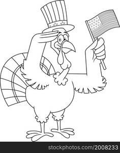 Outlined Patriotic Turkey Bird Cartoon Character Salute And Waving US Flag. Raster Hand Drawn Illustration Isolated On White Background