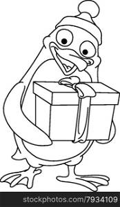 Outlined penguin holding a gift